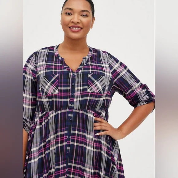 Torrid Plaid Mini Challis Button-Front Shirt Dress Size 2 - Picture 2 of 9